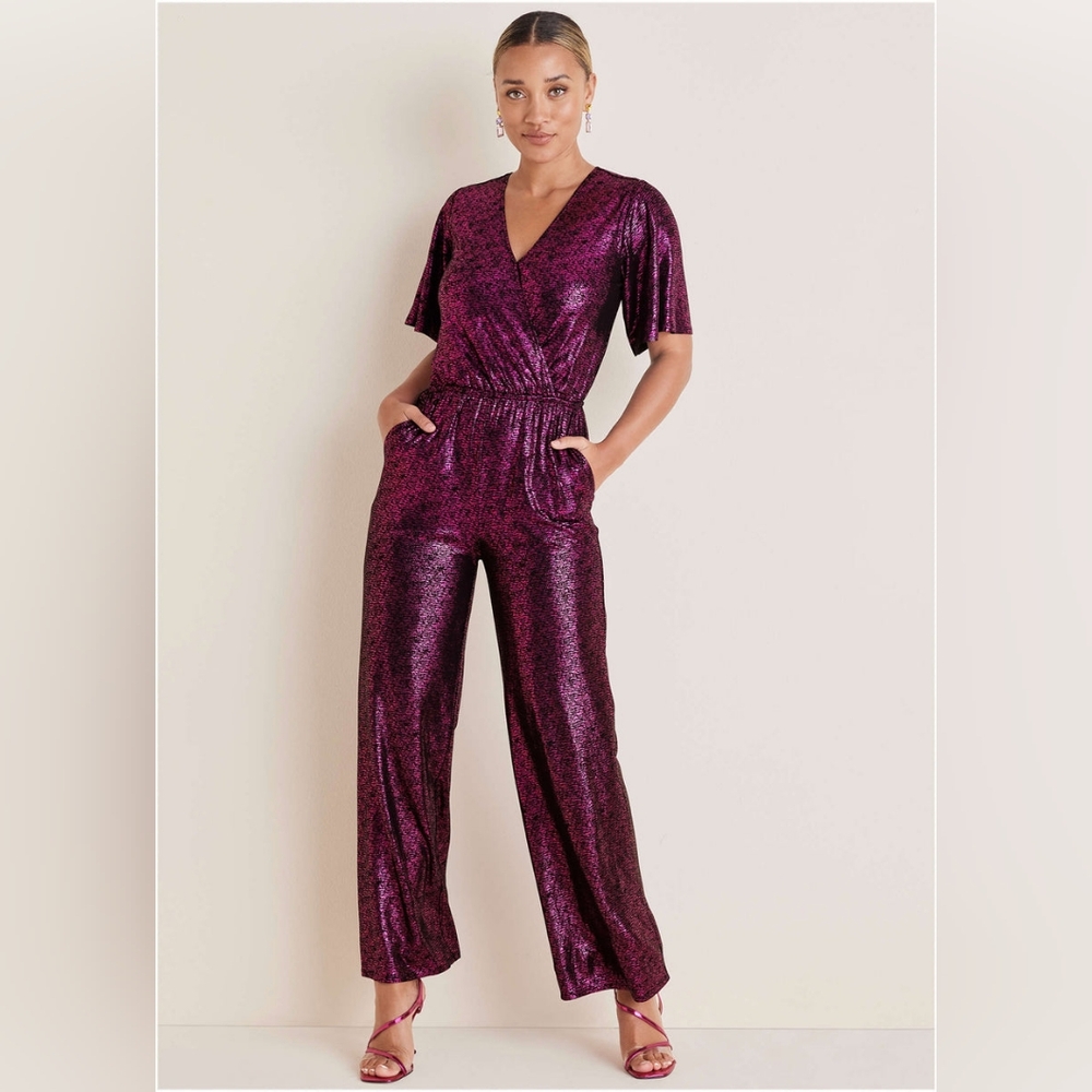 Venus Flutter Sleeve Metallic Jumpsuit Vivacious Pink | XL